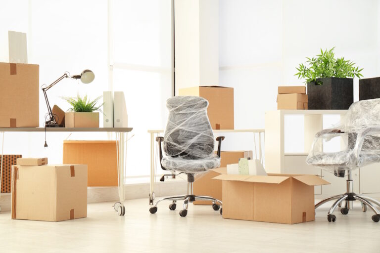 office packed up in moving boxes